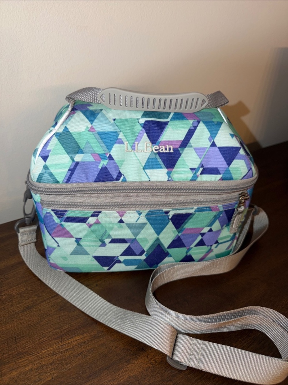 Ll Bean Flip Top Lunch Box Blue Purple Print W Shoulder Strap Insulated Bag EUC